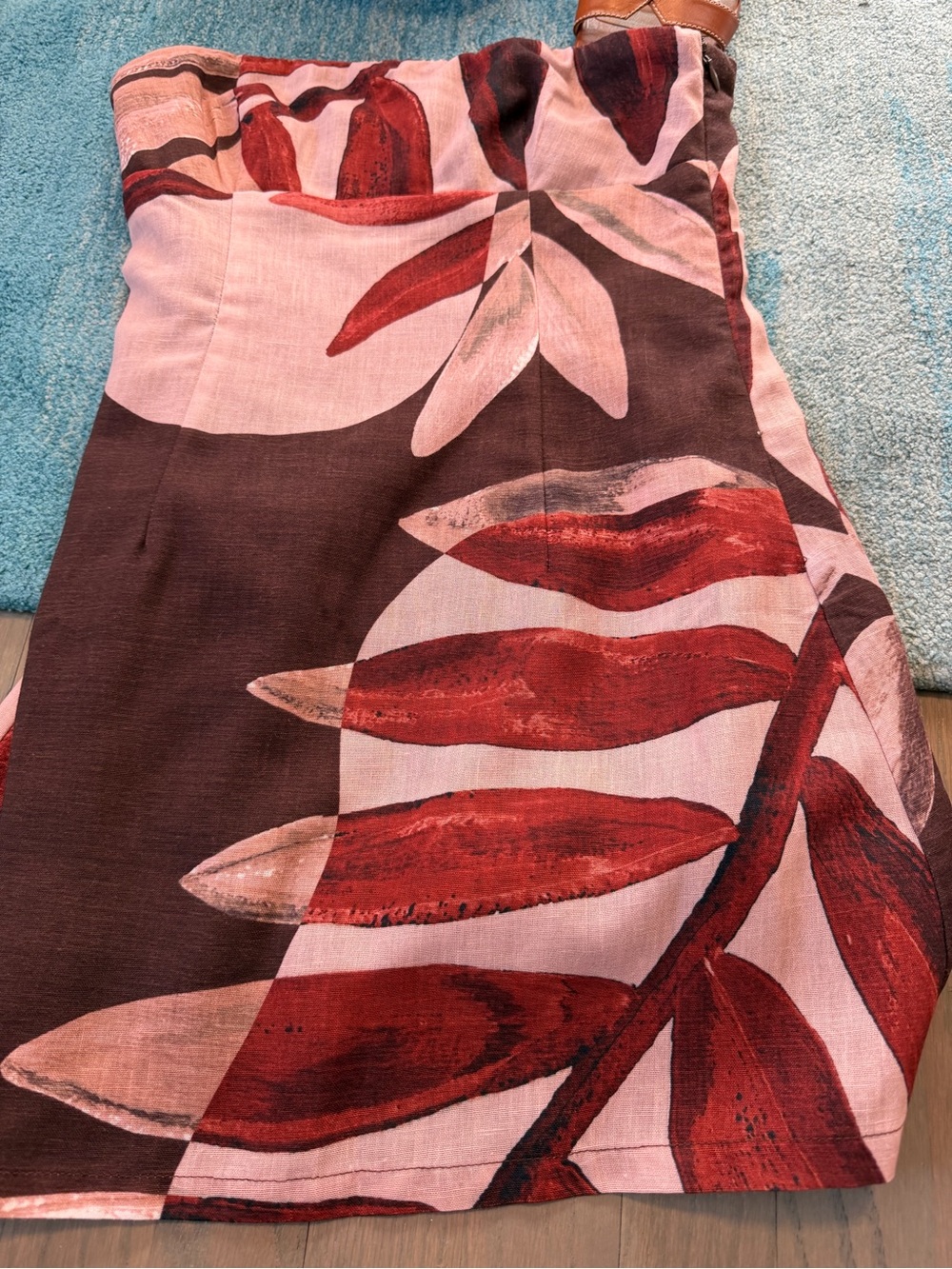 Peppermayo Strapless Brown Floral Print Midi Dress with Pink and Red Leaves - Picture 4 of 5